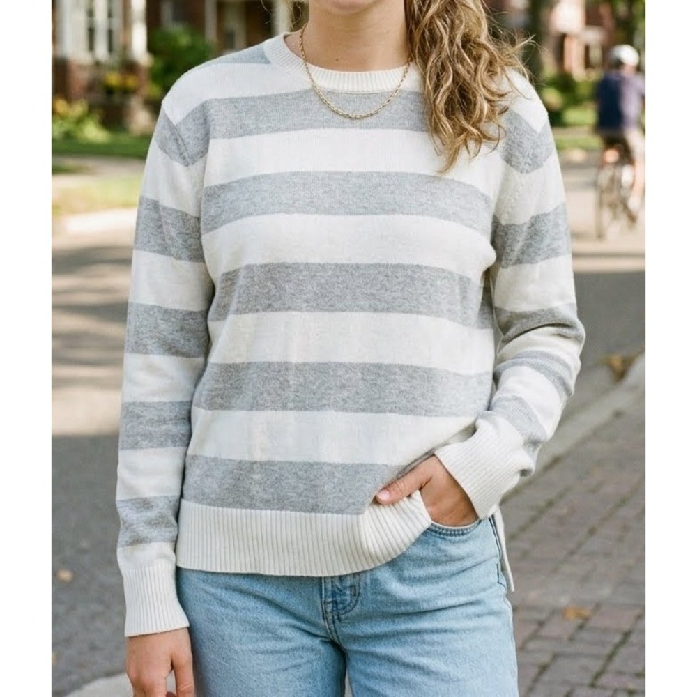 Pure Amici Cotton Cashmere Striped Crewneck Sweater Grey Ivory LG Coastal Preppy